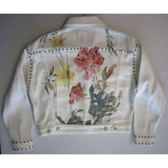 Guess Women's Sz S Kikoi Flower White Cara Floral Studded Denim Jacket - Picture 14 of 14